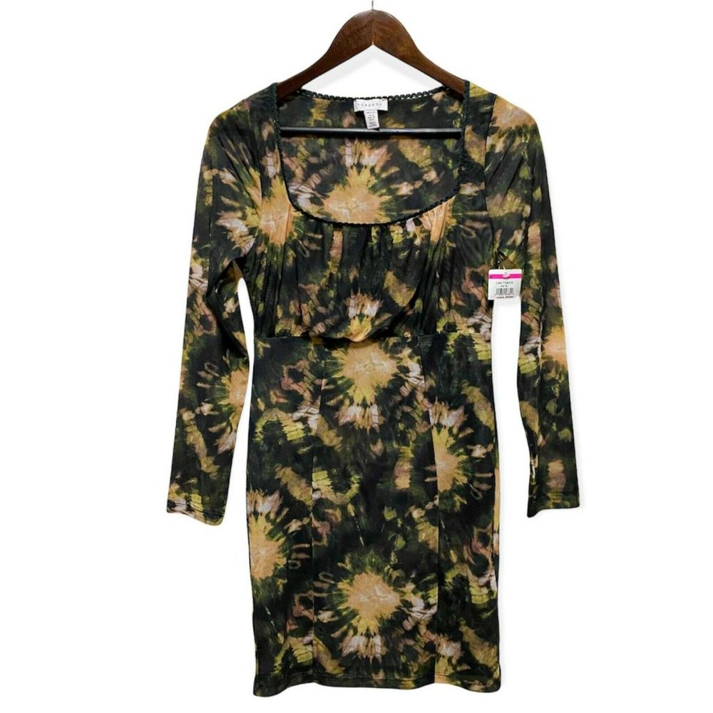 TopShop Women's Size 8P Long Sleeve Square Neck Sheer Tie-Dye Mini-Dress Green
